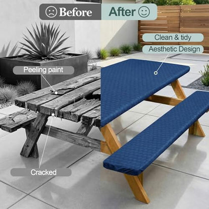 Picnic Table Cover with Bench Covers Camping Essentials Waterproof Windproof Camping Tablecloth with Drawstring Bag, Fitted Rectangle Tables and Seats, 96in, Deep Blue - color: Deep Blue, size: 96in