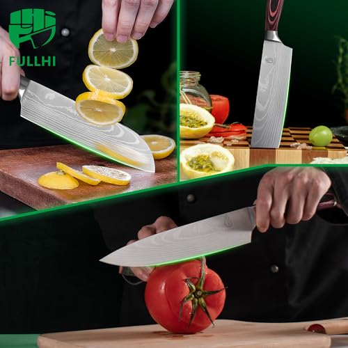 FULLHI 15pcs Japanese Knife Set with Magnetic Knife Block Holder, Japan Stainless Steel Blades, Ergonomic Handles for Professional and Home Cooking（Coffee wood, Magnetic Block Knife Set) - color: Coffee wood, size: Magnetic Block Knife set