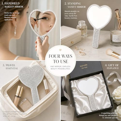 Wowagoga Sparkling Rhinestone Heart Shaped Handheld Mirror Heart Mirror Cosmetic Hand Mirror with Handle Cute Hand Mirror for Women Girls(White)