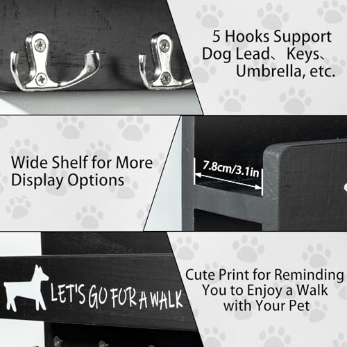 Wood Dog Leash Holder for Wall, Key Hangers with 5 Double Key Hooks, Dog Leash Hanger Wall Mounted for Entryway, Farmhouse Treats,35cm,Black - color: Black