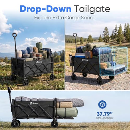 Sekey Collapsible Wagon Cart with Drop-Down Tailgate, 300 lb Capacity - color: Black, size: 300 lbs