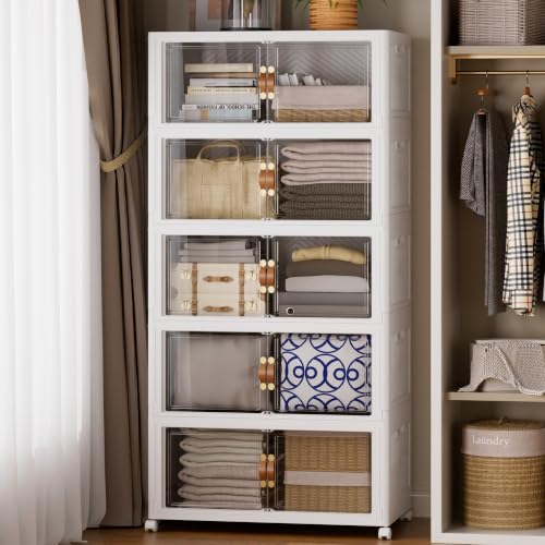 SAILUN 666QT/166Gal Stackable Storage Bins with a Lid, Collapsible Storage Bins With Doors, Folding Cabinet for Home Closet Organization,5 Pack-28 W x 18" D x 76.4" H White - color: White-130qt, size: 1 lid 5 Pack