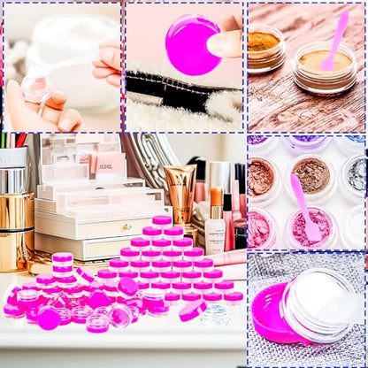 100 Pcs 3g Empty Plastic Containers with Lids,Tiny Makeup Sample Containers, Small Pot Jars Pink Round Cosmetic Jars with 20 Pcs Mini Spatulas for Liquid Sample Powder Creams (Pink Lid) - color: Pink, size: 100PCS