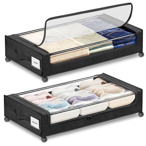 Under Bed Storage with Wheels 2-Pack，Under Bed Storage Containers XXL，Underbed Shoes Storage with Clear Lid,Rolling UnderBed Metal Drawer for Clothes Blankets Easy Pull-out Black