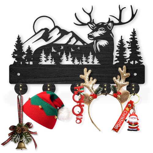 MAYJOYDIY Wooden Antler Wall Coat Rack with 5 Hooks, Black Forest Deer Design, 11.8x8 Inch Key Holder & Organizer for Entryway, Hall, Living Room, Office Decor - color: Deer