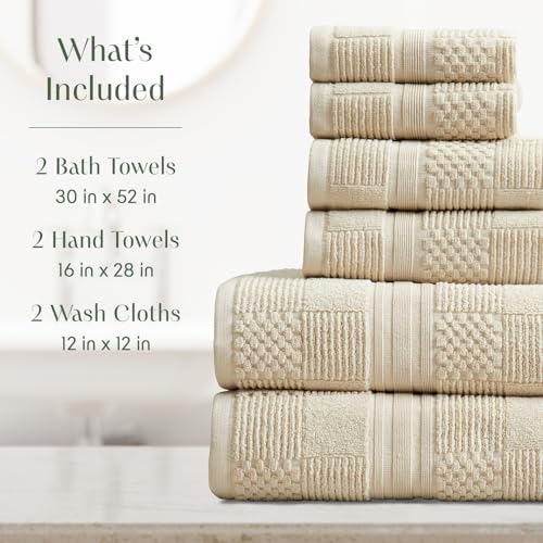 Springtree Home 100% Cotton Bathroom Towel Set | 6 Piece Set - Beige Towels | Geometric Textured Design | Absorbent & Quick-Dry | Oeko-TEX® Standard 100 Cotton | Myla Collection - Sandshell - color: Sandshell, size: 6 Piece Set