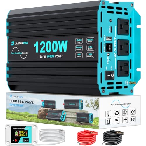 1200 Watt Pure Sine Wave Inverter, Power Inverter for Car, Camping, Solar, RV, Truck, Home, 12V DC to 120V AC Inverters with 3 AC Outlet, 30W USB-C, 5V 3.1A USB, Remote Control, Surge 2400W - color: Black+Blue, size: 12V-1200W Pure Sine Wave Inverter