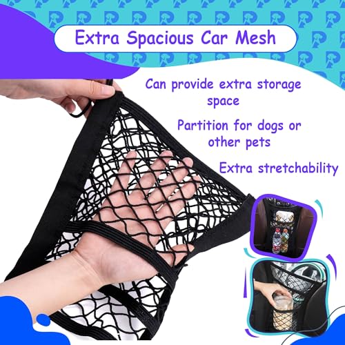 Dog Car Net Barrier Pet Barrier with Auto Safety Mesh Organizer - Stretchable Storage Bag - Universal Fit for Cars and SUVs - Easy Install Car Divider for Safe Driving with Children, Pets