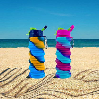 Collapsible Silicone Water Bottles 2 Pack - 500ml Portable Expandable Sport Bottle with Carabiner for Travel & Camping (Yellow Camouflage + Rose Red) - color: Yellow Camouflage+Rose Red