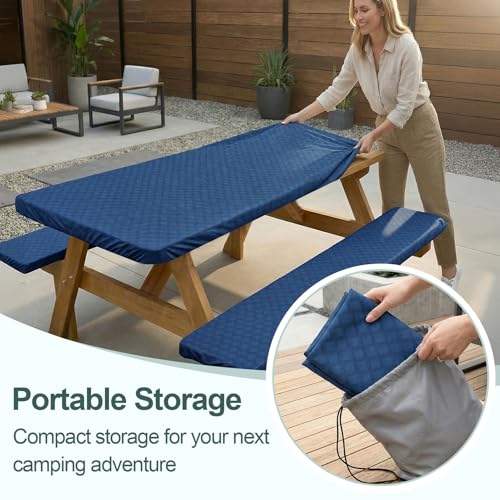 Play Tailor Picnic Table Cover with Bench Covers Camping Essentials Waterproof Windproof Camping Tablecloth with Drawstring Bag, Fitted Rectangle Tables and Seats, 72in, Deep Blue - color: Deep Blue, size: 72in