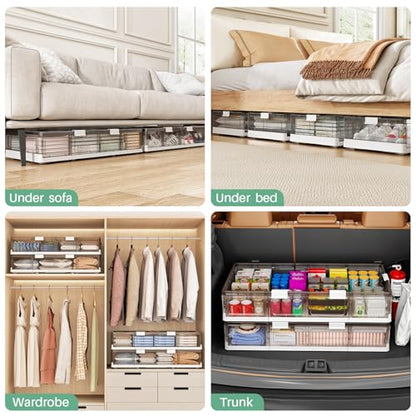 Kitstorack 2 Pack Plastic Under Bed Storage Bins with Lids and 8 Pre-installed Wheels,Rolling Low Rrofile Under bed Containers Box for Clothes Shoes, 37.8 Qt, Long, Clear, Flat, Large - size: Standard - 2 PACK