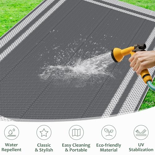 HappyTrends,Outdoor Rug,Patio Rug,Reversible Portable Plastic Straw Rug,Camping Rugs for Outside RV,Large Waterproof Area Rugs for Patio,Deck,Picnic,Porch,Balcony(6'x 9',White&Gray) - size: 6' x 9' (Rectangular)