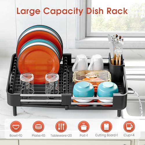 TOOLF Dish Drying Rack Expandable Drainer w/Cutlery & Cup Holder, Black | Stainless Steel &PP, Extenable 12.6" to 18.7"D, Anti-Rust, Auto-Drainage, Space-Saving, Fit for Various Sink Countertops - color: Black