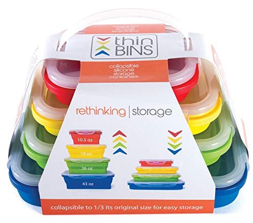 Kitchen Home Thin Bins Collapsible Containers – Set of 4 Rectangle Silicone Food Storage Containers – BPA Free, Microwave, Dishwasher and Freezer Safe - size: Rectangle - Assorted Sizes - Set of 4