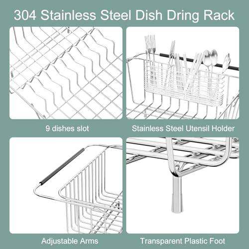 JAQ Over Sink Dish Drying Rack for Medium to Large Sink, Expandable 15.08"–22.4", Adjustable 304 Stainless Steel Dish Drainer with Utensil Holder, Large Capacity Holds Up to 13 Plates - size: 304 Stainless Steel - 13 dishes