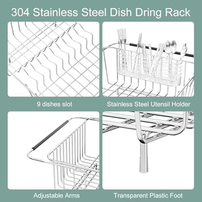 JAQ Over Sink Dish Drying Rack for Medium to Large Sink, Expandable 15.08"–22.4", Adjustable 304 Stainless Steel Dish Drainer with Utensil Holder, Large Capacity Holds Up to 13 Plates - size: 304 Stainless Steel - 13 dishes