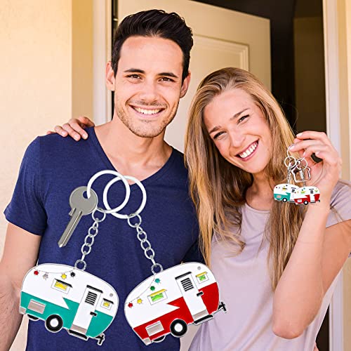 Thinp 2 Pieces Camper Keychain, RV Camper Keyring Accessories for Travel Trailers Enameled Metal Retro Camping Car Keychain - color: Red, Green