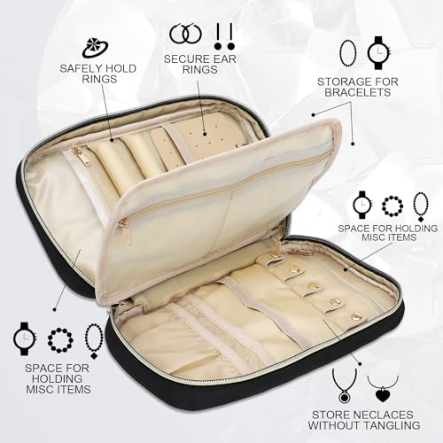 emissary Travel Jewelry Case Organizer for Necklace & Earrings, Black | Padded slots & necklace ties keep jewelry tangle-free; double-zip, water-repellent travel case for rings & earrings - color: Black