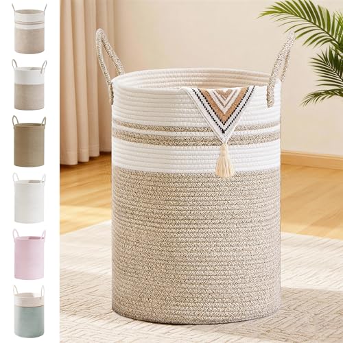 72L Large Tall Cotton Rope Laundry Basket with Handles, White & Brown | Storage Bin for Clothes, Blankets & Kids Toys, Boho Woven Hamper, Portable Organizer for Nursery, Bedroom, Living Room - color: Brown & White, size: 72L