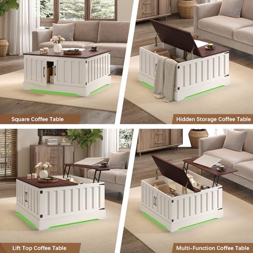 HedoAjim Lift Top Coffee Table with Storage, 31.5" Square Coffee Table with Large Hidden Storage, Wood Living Room Table Center Table for Living Room Dining Reception Room - color: White Brown