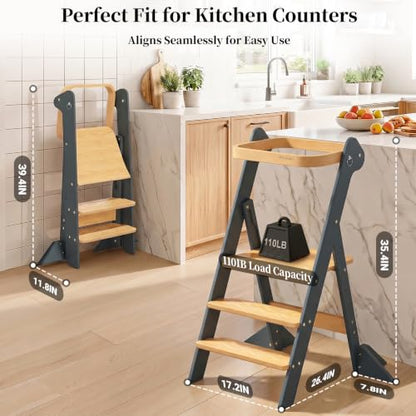 COSYLAND Foldi Foldable Toddler Kitchen Stool - Adjustable Height Toddler Standing Tower with Net & Safety Feet, IF Award-Winning Wooden Learning Step Tower for 18M-6Y, Slate Blue & Natural - color: Slate Blue & Natural