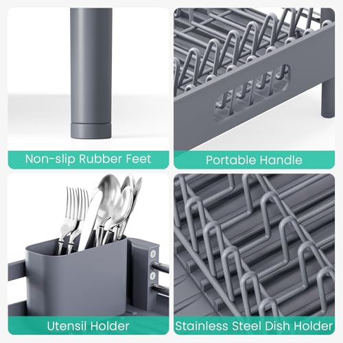 TOOLF Dish Drying Rack, Expandable Dish Rack for Kitchen Counter, Anti-Rust Dish Drainer, Sink Organization and Storage Essentials with Cutlery & Cup Holder, Gray - color: Gray