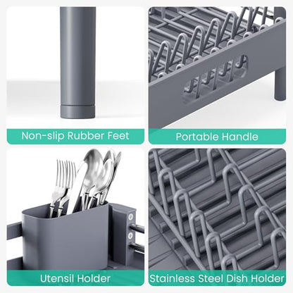 TOOLF Dish Drying Rack, Expandable Dish Rack for Kitchen Counter, Anti-Rust Dish Drainer, Sink Organization and Storage Essentials with Cutlery & Cup Holder, Gray - color: Gray