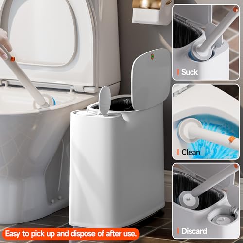 CTIME Bathroom Trash Can Set - Narrow White Plastic Small Trash can, a Toilet Wand, Toilet Brush Holder and 36 Refills, 2 Gallon Trash can with pop-up lid, Suitable for bathrooms and Small Toilets.
