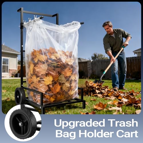 2-in-1 Leaf Bag Holder Cart & Hand Truck Dolly, Heavy Duty Garden Trash Bag Stand with 7" All-Terrain Wheels, 200lbs Capacity, Anti-Loss Clips & Utility Basket for Yard Work, Moving, Camping