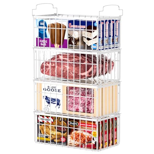 MSERCUOR Freezer Organizer Bins, 4 Pack Stackable Deep Chest Freezer Organizer Bins, Foldable Baskets with Handles, White Storage Container Baskets for 5/ 7 Cu.FT Sort Frezen Meats - color: white 4 pack
