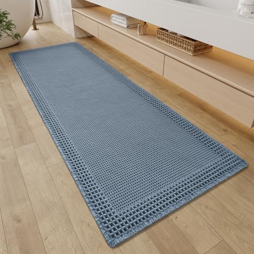 RESARE Waffle Bathroom Runner Rugs, Super Absorbent Bath Mat Non Slip Washable Quick Dry, Upgraded Ultra Soft Boho Bath Rugs with Tassels, Farmhouse Home Decor Accessories, 2'x5'(24"x60") Blue - color: Blue, size: 2' X 5'