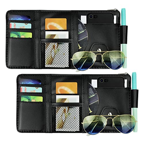 Car Sun Visor Organizer, Leather Pocket Organizer Sunglass Holder for Car Interior Accessories with Multi-Pocket Net Zipper (2 Pack Black) - color: 2 Pack Black