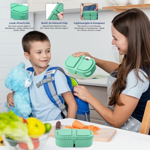 Silicone Snack Containers for Kids, Green, 8.5Oz, 2-Compartment | Includes Spoon and Fork, BPA Free, Leak Proof, Great for Toddler/Kid/Adult Meal Prep - color: green