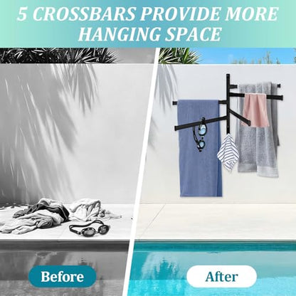 Rotating Pool Towel Rack, 5 Bars Swivel Outdoor Towel Rack with Hook Space Saving Wall Mounted Metal Towel Holder Swing Out Ideal for Pool, Hot Tub,Shower,Balcony
