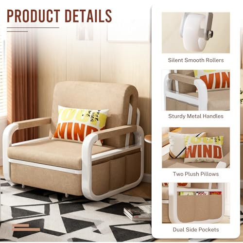 42.5" Pull Out Sofa Bed, 3 in 1 Convertible Sleeper Sofa, Single Loveseat Couch Bed with Storage, Trundle and 2 Pillows for Living Room, Bedroom, Dorm, Office, RV (Saddle Tan) - size: 40"- Single