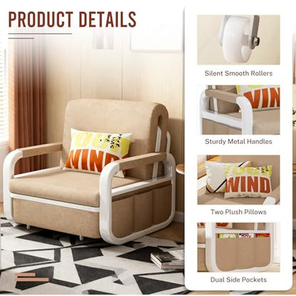 42.5" Pull Out Sofa Bed, 3 in 1 Convertible Sleeper Sofa, Single Loveseat Couch Bed with Storage, Trundle and 2 Pillows for Living Room, Bedroom, Dorm, Office, RV (Saddle Tan) - size: 40"- Single