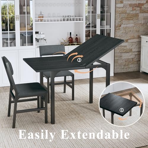 HUAHUU Dining Table Set for 4, Extendable Kitchen Table Cushion Chairs Set of 4, Rectangle Dining Table with Metal Frame & MDF Board, Folding for Small Apartment Saving Space, Black - color: Black