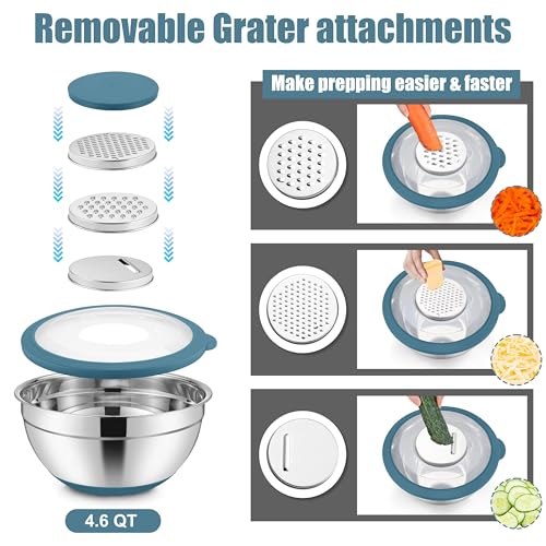 E-far Mixing Bowls with Lids Set, 15PCS Stainless Steel Mixing Nesting Bowls with Colander and 3 Metal Graters for Kitchen, Non-Slip Bottom & Airtight Transparent Lid, 4.6, 3, 1.5, 1, 0.7QT, Blue - color: Blue