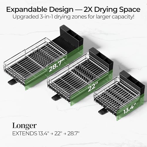 Large Dish Drying Rack, Expandable Dish Rack, Stainless Steel Anti-Rust Dish Racks for Kitchen Counter, Multifunctional Dish Drainer with Utensil Holder & Cup Holder, 13.4"-28.7" L x 11.8" W - color: Silver, size: 1 Tier