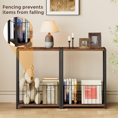Homleke Narrow Side Tables Set of 2 with Magazine Holder, Skinny End Tables Perfect for Small Spaces, Space-Saving Design for Living Room, Bedroom, or Office, 7.1" D x 16.9" W x 23.6" H, Rustic Brown - color: Rustic Brown - Standard