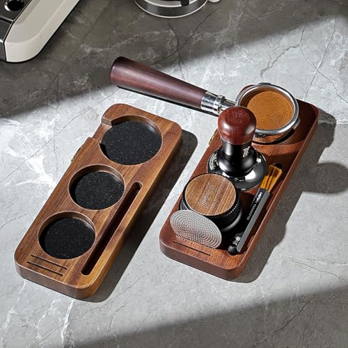 Bincoo 51/53mm Espresso Tamping Station - Sapele Coffee Bar Organizer with Non-Slip Mat, Multi-Slot Design for Counter, Holds Tamper,Distributor, Basket Holder - size: 51MM