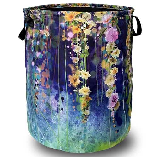Beautiful Blue Green Floral Laundry Basket Foldable With Handles Tote Bag Oxford Cloth Colorful Laundry Hamper Clothes Storage Bucket Toy Organizer 18.9"x16.5" For Bathroom/Laundry/Bedroom - color: Watercolor Blue Green Floral