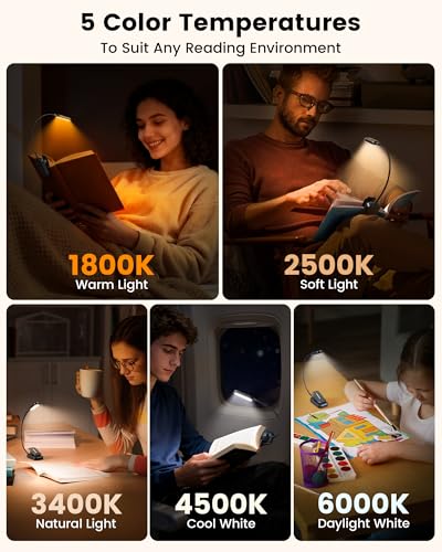 Glocusent 20 LED Reading Lights for Books in Bed, Eye Caring Reading Light, 5 Colors & 5 Brightness 3–100LM Dimmable, 1200mAh Rechargeable Book Light to 90H, Lightweight Clip on Light for Book Lovers - color: Black