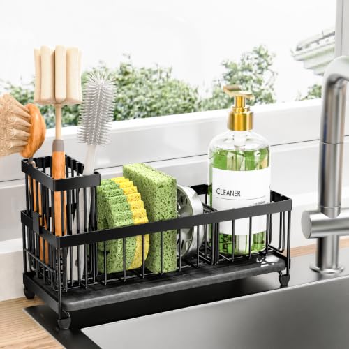 Cisily Sponge Holder for Kitchen Sink, Sink Caddy Organizer with High Brush Holder, Kitchen Countertop Organizers and Storage Essentials (Black Shelf with Stone Tray, Small) - color: Black Shelf With Stone Tray