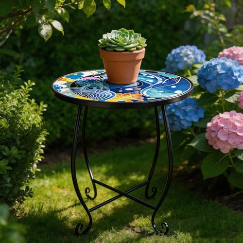 15 Inch Jellyfish Mosaic Side Table (1 PC) - Small Outdoor Round Folding Table with Weather-Resistant Metal Frame, Coastal Accent End Table for Patio, Garden, Balcony, Backyard - color: Ocean