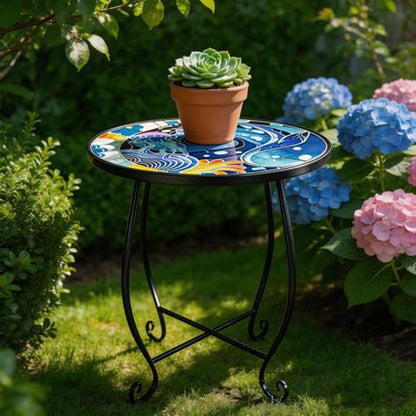 15 Inch Jellyfish Mosaic Side Table (1 PC) - Small Outdoor Round Folding Table with Weather-Resistant Metal Frame, Coastal Accent End Table for Patio, Garden, Balcony, Backyard - color: Ocean