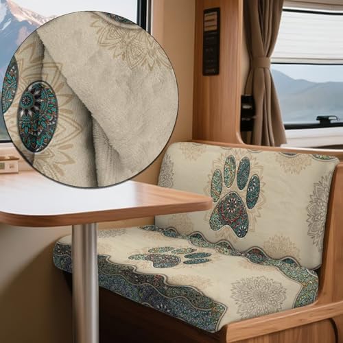 Dog Paw Boho Mandala Print RV Dinette Cushion Covers 2 Pieces Scratch-Resistant Camper Seat Covers Dinette Booth Elastic RV Couch Cover Fuzzy Loveseat Sofa Chair Cover - color: Dog Paw Boho Mandala