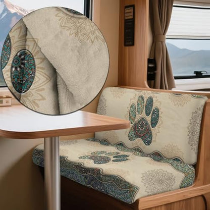 Dog Paw Boho Mandala Print RV Dinette Cushion Covers 2 Pieces Scratch-Resistant Camper Seat Covers Dinette Booth Elastic RV Couch Cover Fuzzy Loveseat Sofa Chair Cover - color: Dog Paw Boho Mandala
