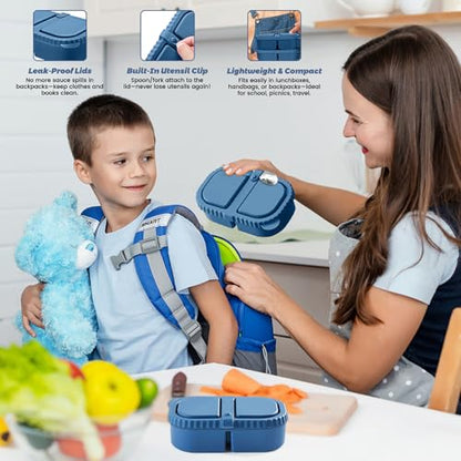 Silicone Snack Containers for Kids (8.5Oz, 2-Compartment)+ Kids Silicone Cutlery Set (Spoon and Fork) - BPA Free, Leak Proof, Great for Toddler/Kid/Adult Meal Prep Containers (blue) - color: Blue