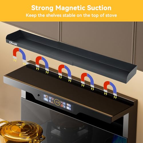 OTraki Magnetic Stove Top Shelf Spice Rack for Stove Adjustable 16-32 inch Stainless Steel Over the Stove Shelf Magnetic Rack Seasoning Organizer with 4 Hook Black
